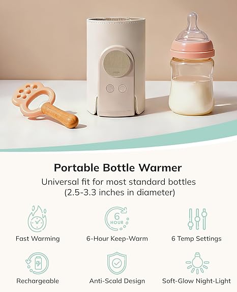 Portable Bottle Warmer for Travel – Heats The Bottle Directly—No Pouring, Fast Heating Baby Bottle Warmer on The Go, 6 Temp Settings & Auto Keep-Warm,Fits 2.5-3.3in Bottles (6000mAh)